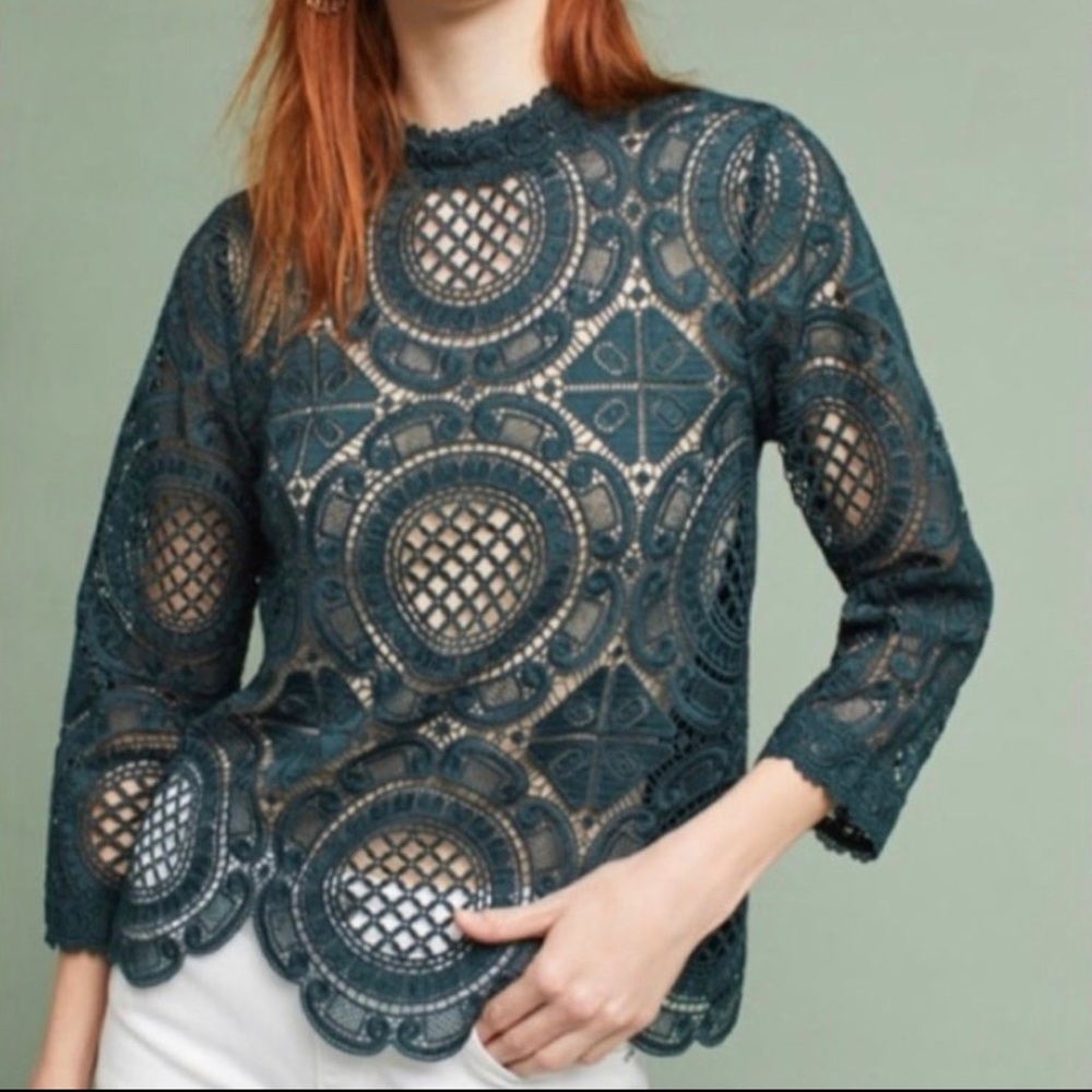 Anthropology James Coviello Crochet Knit Top Mountain Pine Green Small Top